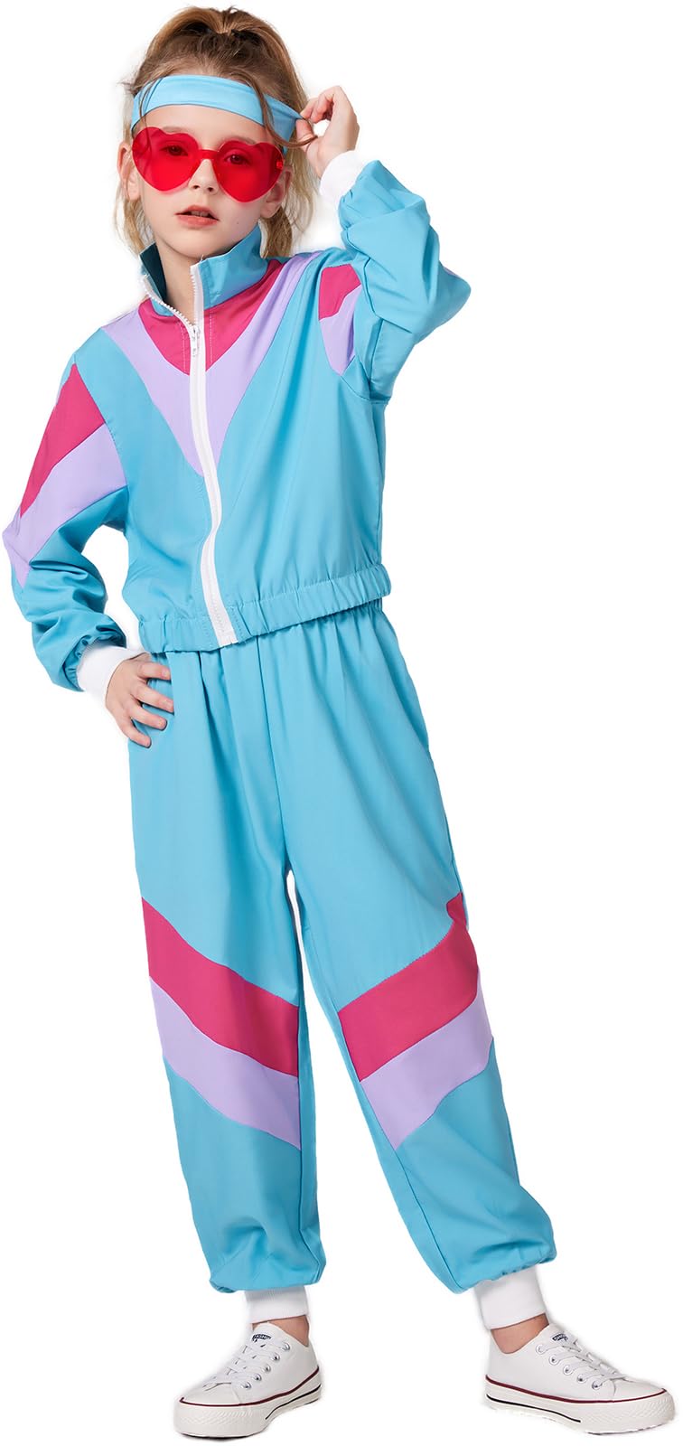 Photo 1 of [DIRTY] SIZGAROOT 80s 90s Retro Windbreaker Set Girls Workout Costume Outfit Track Suit for Girls (Blue, 11-12 Years)