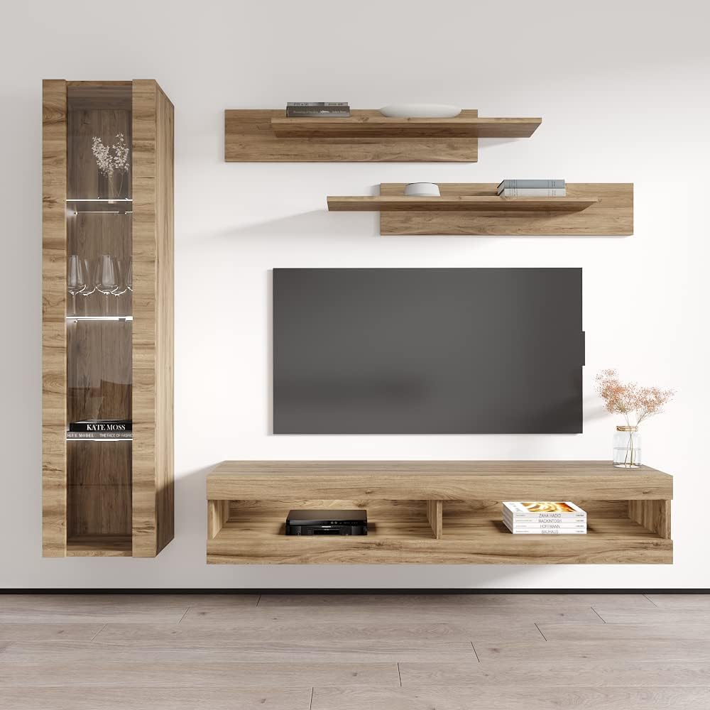Meble Furniture Fly G3 34TV Stand Wall-Mounted Entertainment Center — Floating Media Console with Storage Shelves and LED Lights — Modern High Gloss, 59.1 x 15.7 x 13.8 in — Oak