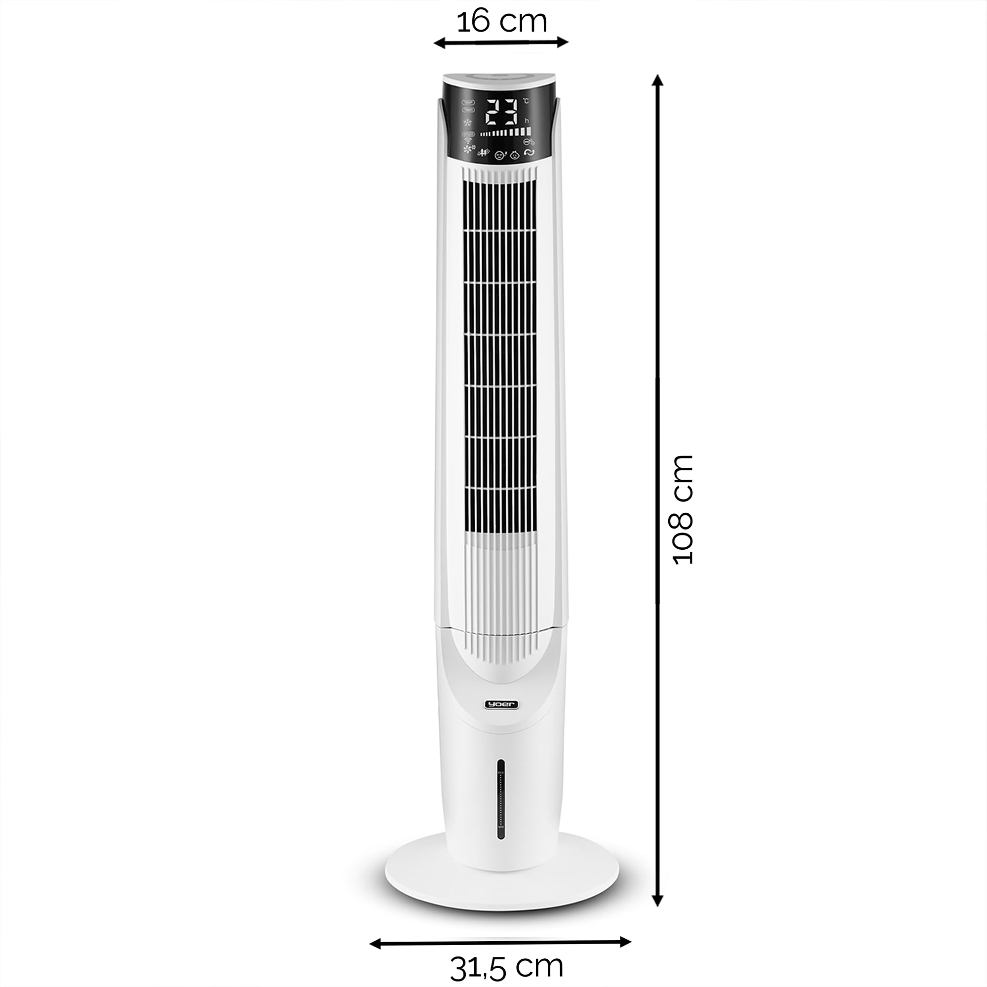 Yoer 33dB Cichy Klimator wodny przenośny 6w1, Wentylator kolumnowy, 60W, 10m Zasięg nawiewi, 2x szybsze chłodzenie, Nawilżanie powietrza, Aromaterapia, Jonizacja, 90° Oscylacja, Cascado TFC06W, biały