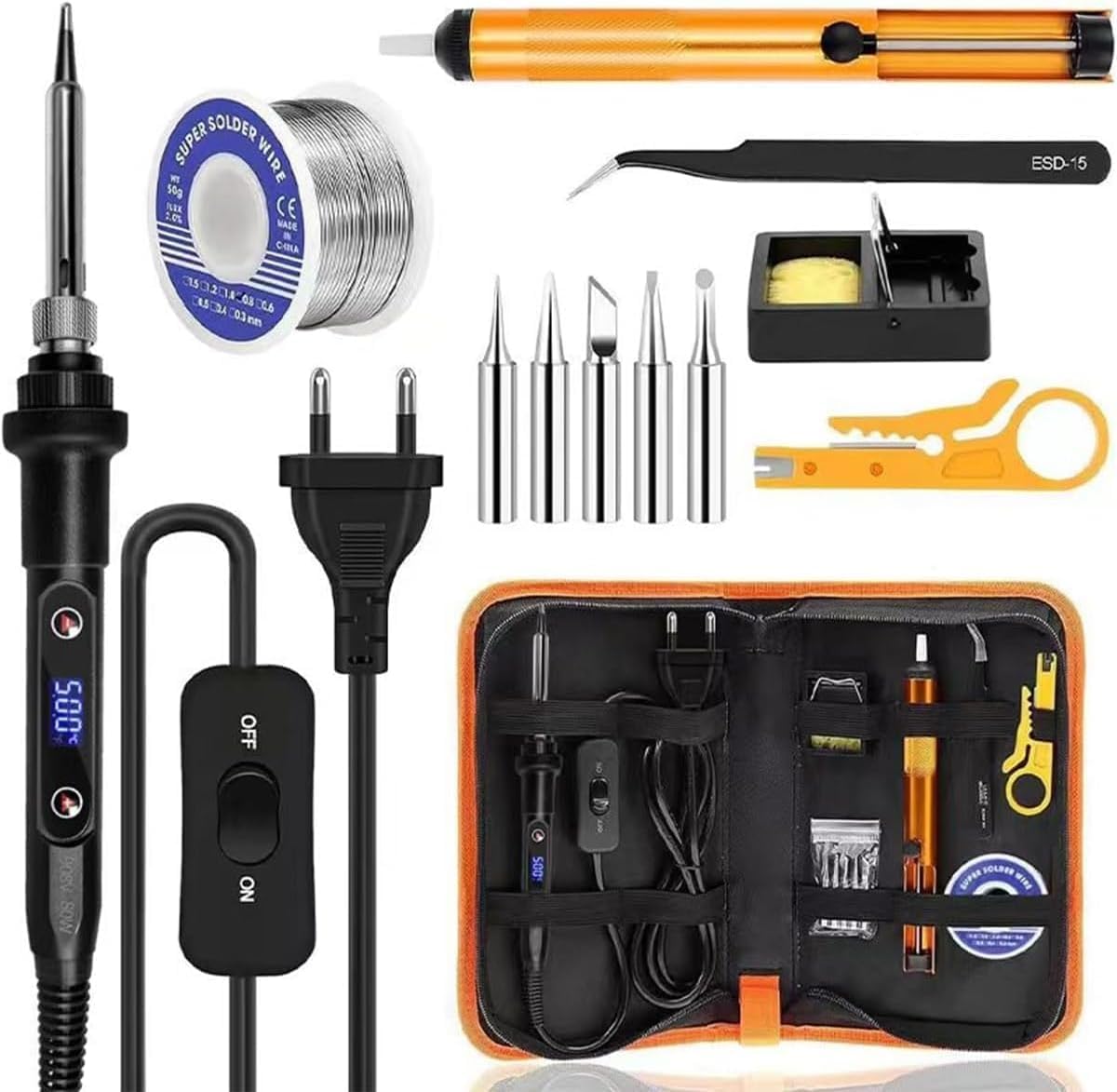 Lunriwis Kit Fer à Souder 90W LCD - Température Réglable 180-480°C + 5 Pannes + Accessoires Complets