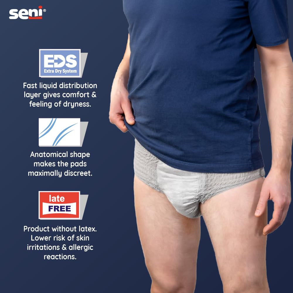 Seni Man Bladder Control Pants for Men | Light Incontinence | Breathable | Extra Dry System | latex free | Disposable Absorbent Underwear | Odour Stop | Dermatologically Tested | Size Medium | Waist Size 31" - 43" (80 cm - 110 cm) | Pack of 1 | 10 Pcs - Image 3 thumbnail