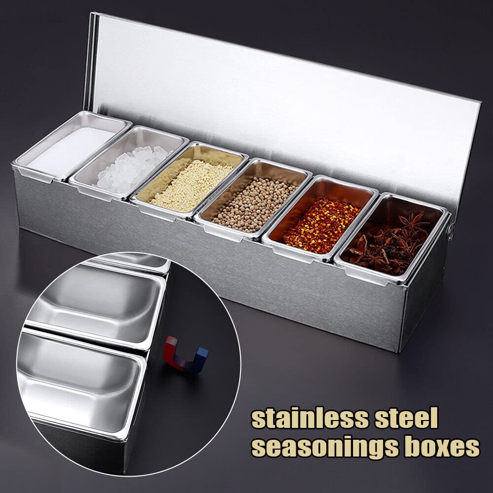 Contenitore per ingredienti in acciaio inox, 6 inserti, in acciaio inox, capacità con coperture, contenitore per spezie, utensili da cucina, 45,5 x 15 x 9 cm