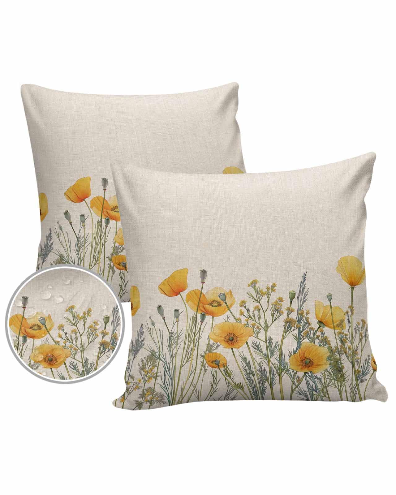 Yellow Floral Outdoor Pillow Cover 18x18 Inch Cushion Sham Case, Waterproof Decorative Square Throw Pillowcase for Outside Garden Patio Porch Couch Chair Tent Retro Botanical Wildflower Watercolor