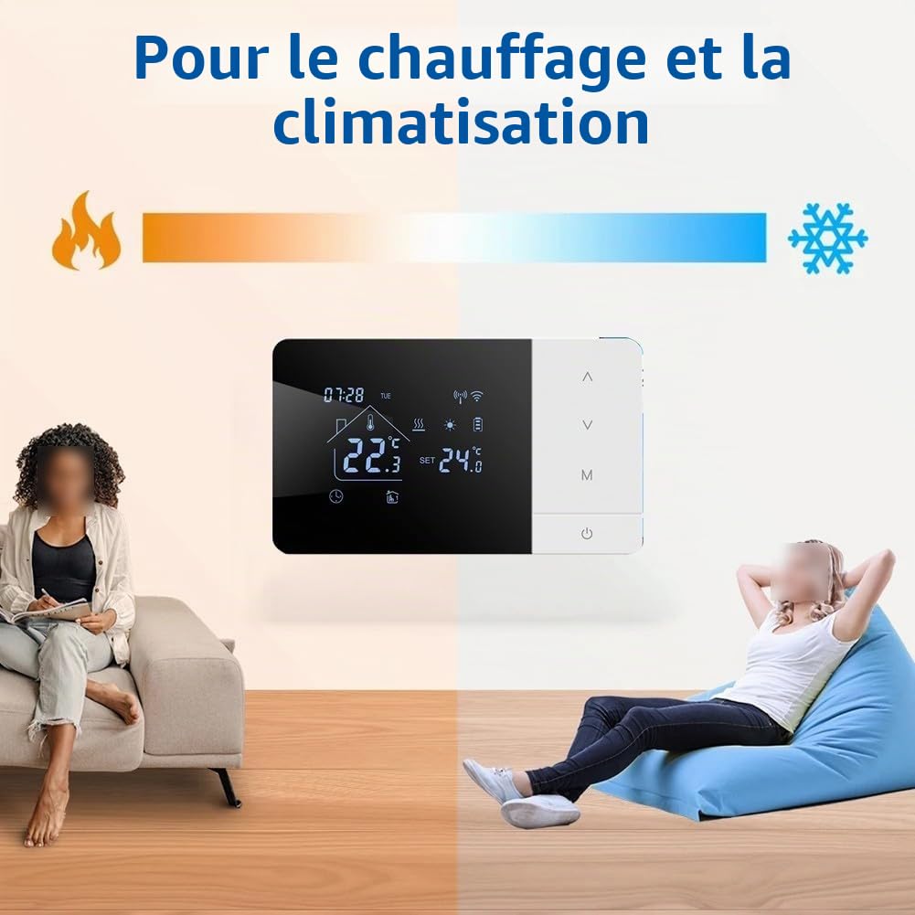 Thermostat Intelligent WiFi,pour Tuya Contrôleur de température programmable pour chaudières gaz,Compatible avec Commande vocale Alexa,pour Google Assistant,avec sécurité Enfant,Alimenté USB/Batterie