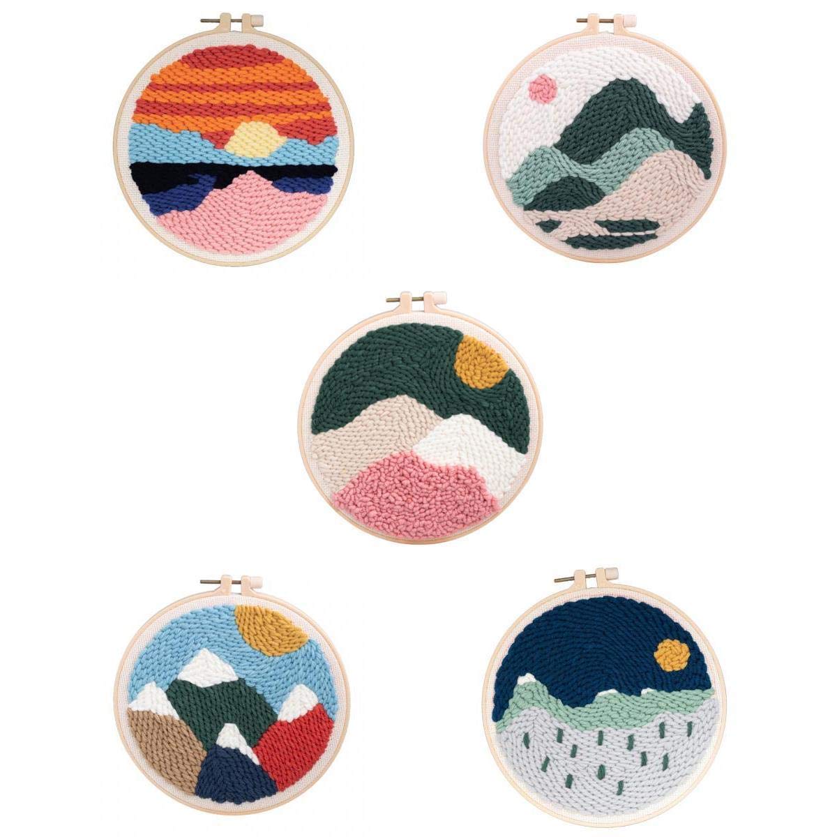 Luzhengyang Juego de 5 piezas de bordado de punzón con herramientas básicas, paisaje paisajístico de 20 cm, juego de punto de cruz para principiantes para decoración artística de costura hecha a mano,