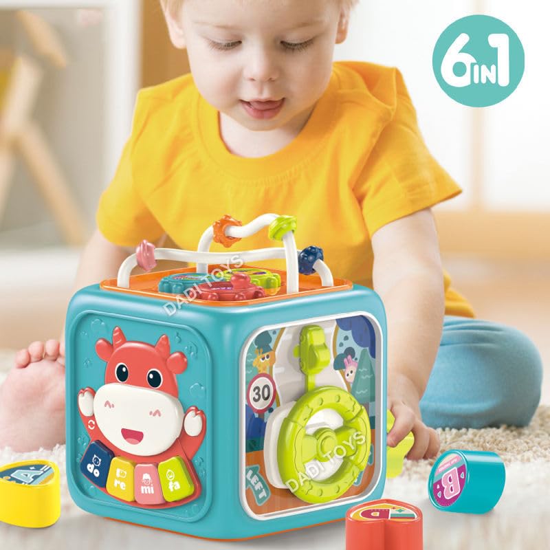 Image of Cable World 6 in 1 Montessori Activity Cube for Kids | Musical Sensory Learning Toy with Shape Sorter, Bead Maze, Piano Keyboard, Clock & Steering Wheel | Educational Toy for Babies & Toddlers