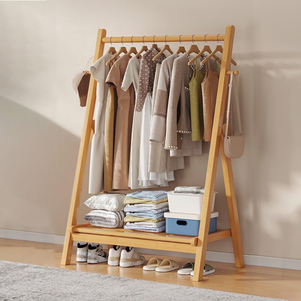 Dodobd A Foldable Wooden Clothes Rail - Hanging Rail For Clothes With Bottom Shelves For Storage,Sturdy Garment Rack,Coat Stand For Corridor Living Room Bedroom Hallway, L : 60/80/100/120Cm