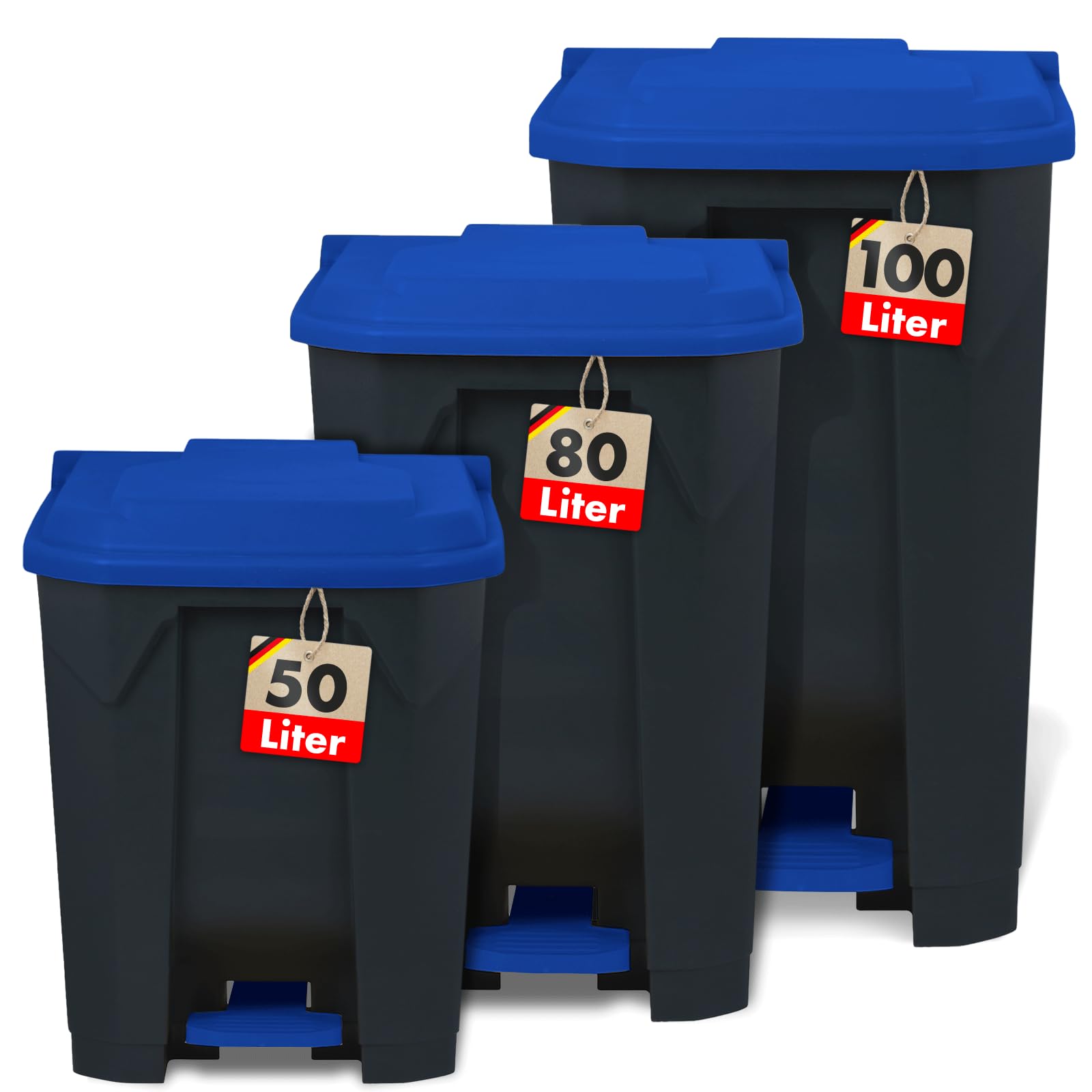 casa pura Mülltonne, Mülleimer 50 Liter, Blauer Deckel, Abfalleimer für Küche und Büro, Mülltrennsystem, Tretmülleimer mit Step-On-Mechanismus, Papierkorb Olaf