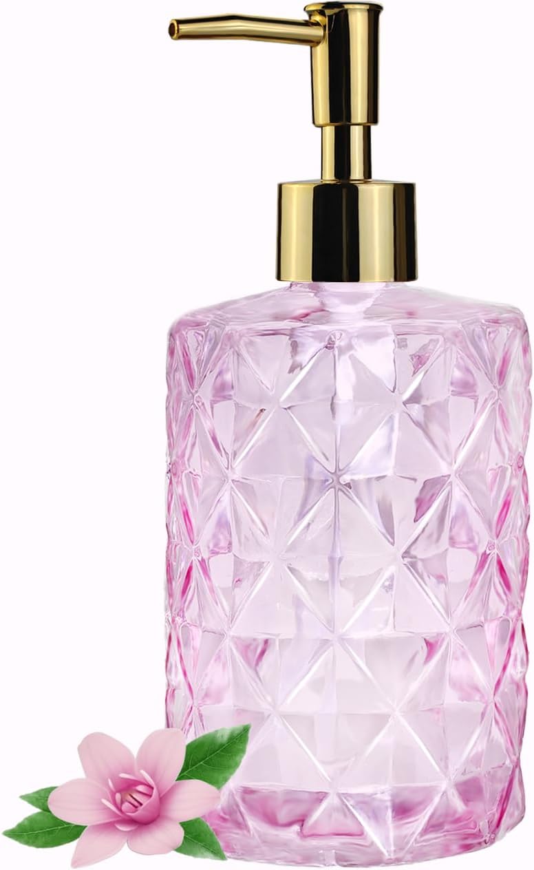Pink Hand Soap Dispenser Glass Dish Liquid Soap Dispenser Cute Pink Bathroom Kitchen Accessories Decor