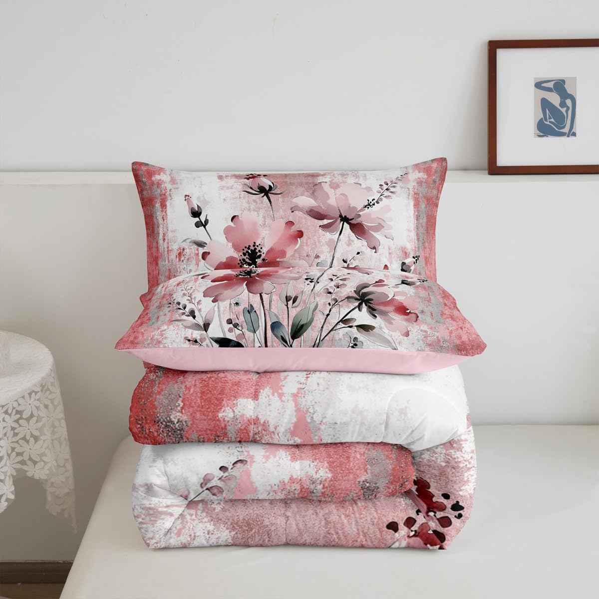 Erosebridal Watercolor Flowers Queen Comforter Set for Adult Women,Microfiber Abstract Oil Painting Bedding Set Rustic Farmhouse Room Decor,Ombre Light Burgundy Grey White Bed Set with Spring Blossom