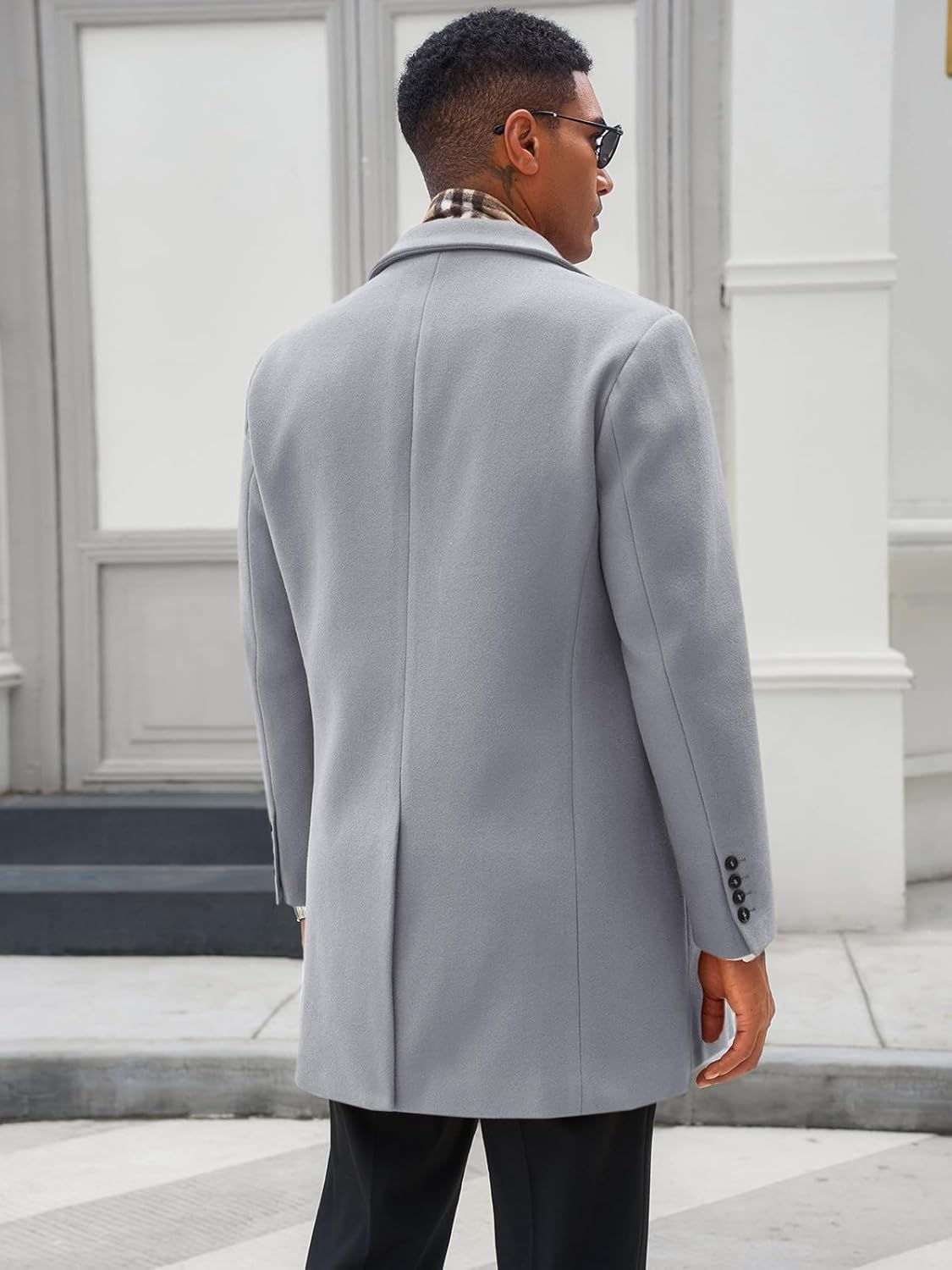 Runcati Men's Pea Coat with Detachable Plaid Scarfs Fall Single Breasted Wool Blend Trench Coat Winter Overcoat - Image 3