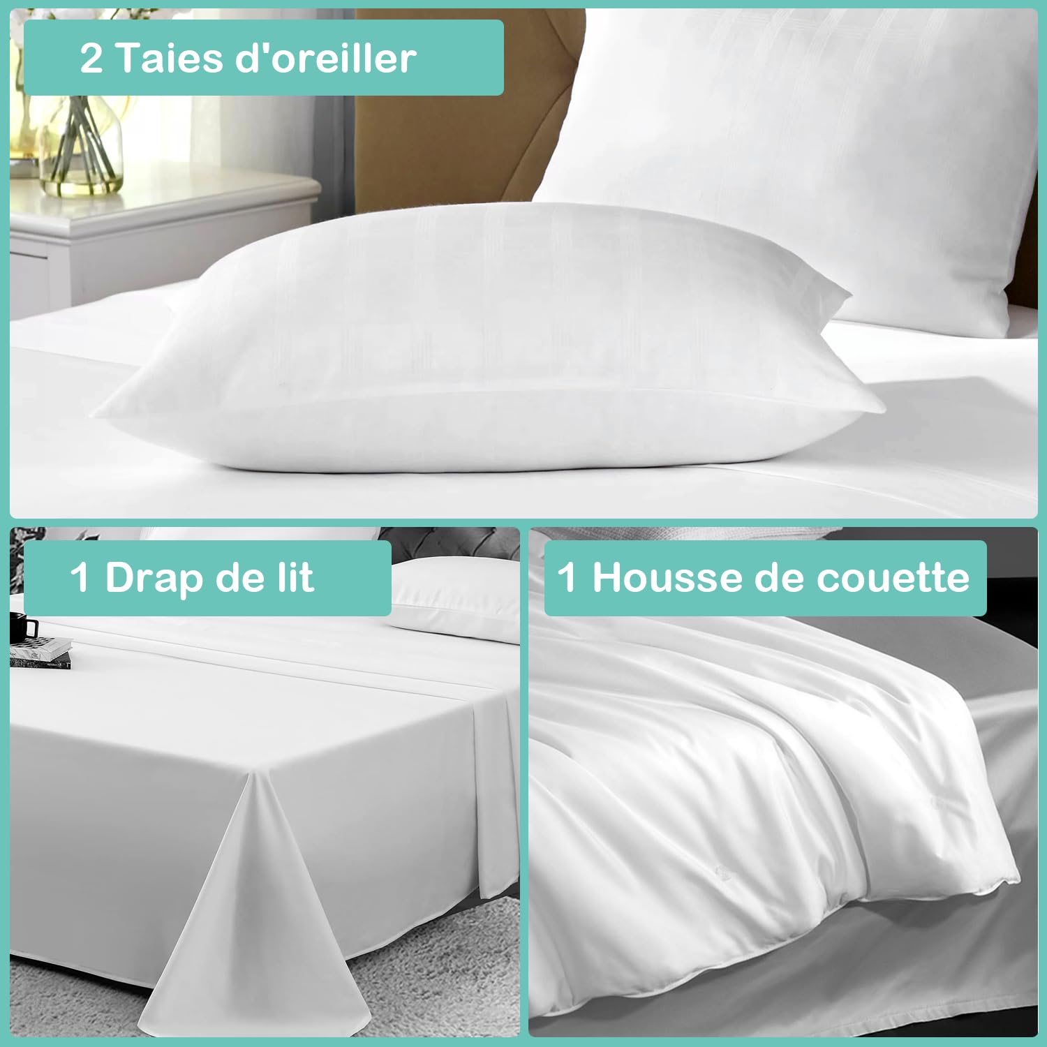 Ensemble de draps de lit 6 pièces King Queen Size drap-housse plat 4 taies d'ore