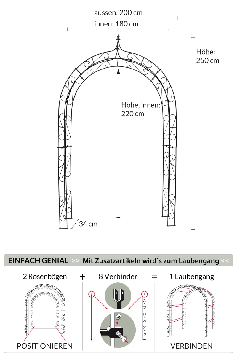 KUHEIGA Stabiler Rosenbogen aus Metall 10mm Massiveisen Breite: 200cm Verzinkt Zink