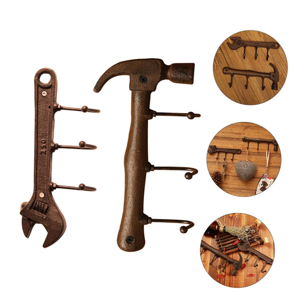 GLEAVI Set di Ganci da Muro Decorativi e Resistenti Forma di Martello e Chiave Inglese Stile Industriale in Ferro per Soggiorno e Studio