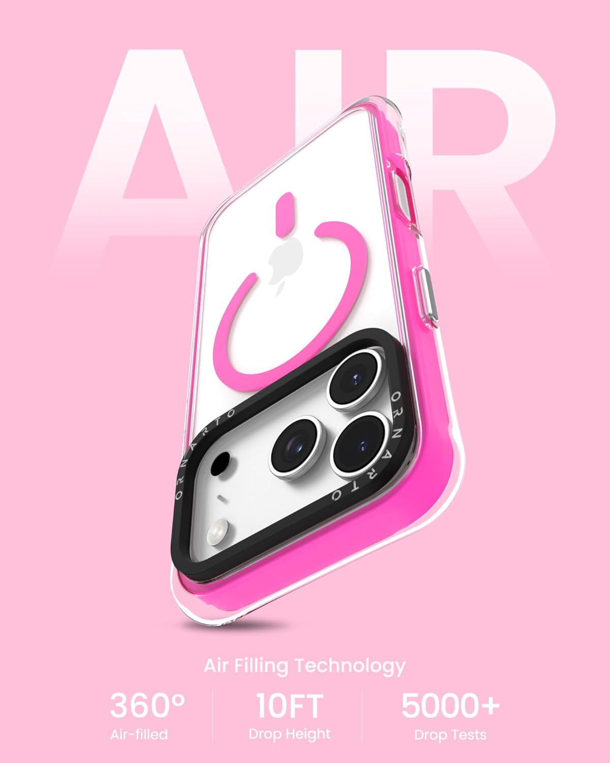 ORNARTO Air Case for iPhone 17 Pro Clear | Military-Grade Drop Protection | Camera Control Button | Compatible with MagSafe | Built-in Air Phone Cover - Hot Pink - Image 3