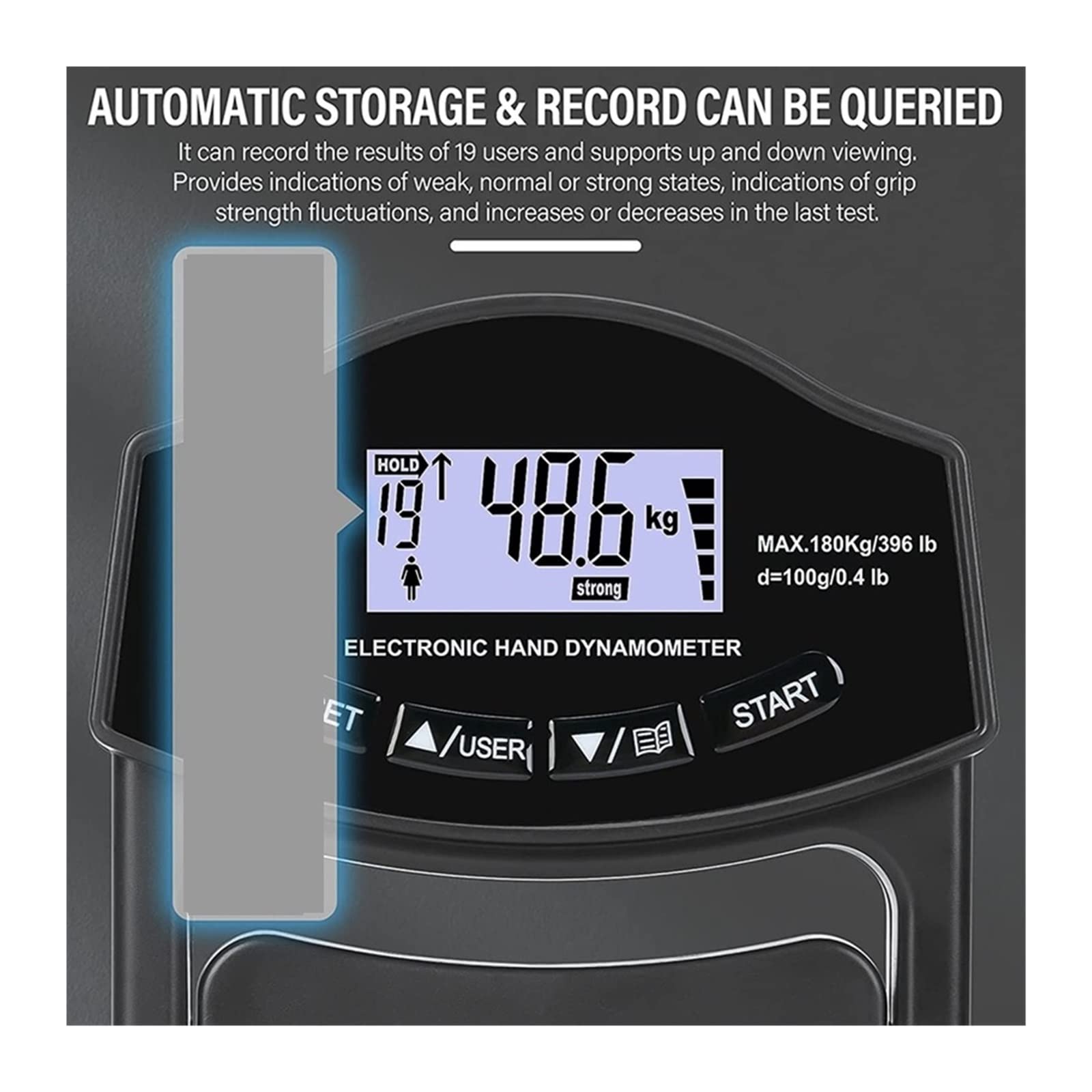 Misuratore di forza digitale Tester di resistenza della presa, 396 libbre/180 kg Dynamometro a mano digitale Meto di resistenza della presa USB LCD Schermate Dynamometer for impugnatura a mano per il