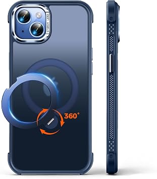 iPhone 13/14 Case, 3x US Military Standards Certified, Shockproof, MagSafe Compatible, Wireless Charging, iPhone 13 Case, 360  Rotation, Horizontal, Adjustable Angle, No Yellowing Protection, Scratch Resistant, Compatible with iPhone 13/14 Cases, Translucent Matte Back, Thin, For iPhone 13/14 6.1 inch Blue