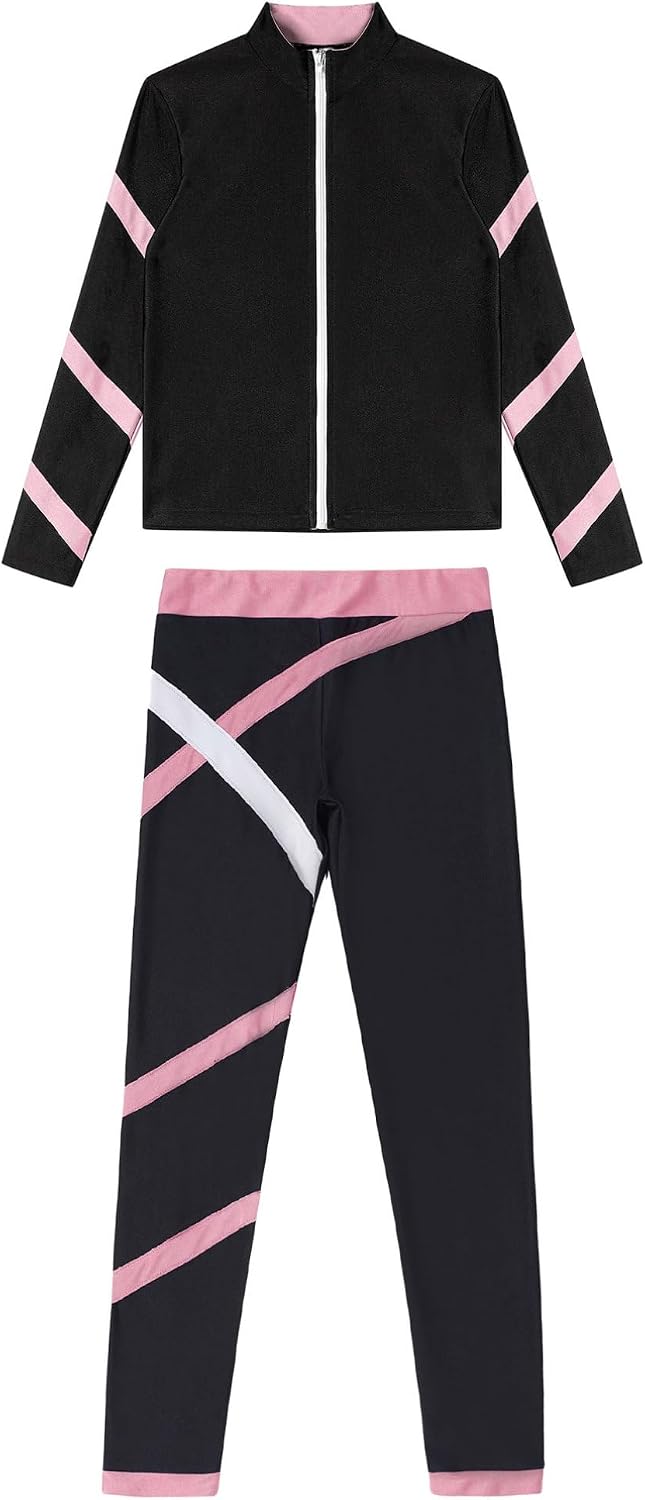 YiZYiF Kids 2 Pcs Tracksuit Gymnastic Figure Skating Training Suit Long Sleeve Zipper Stand Collar Jacket with Legging