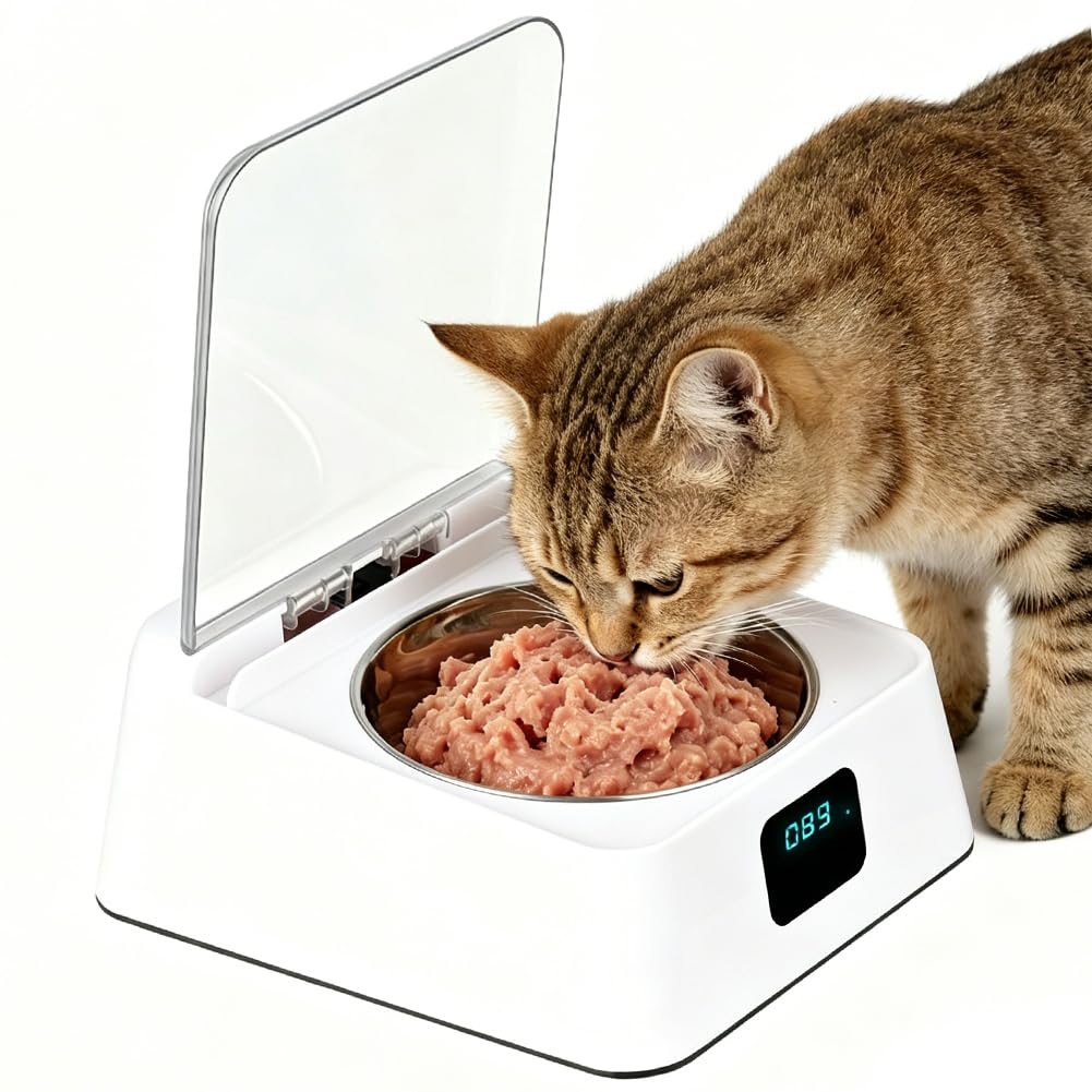 Comedero automático para gatos, comedero automático para gatos, comida húmeda con tapa abatible, dispensador de comida para alimentos húmedos y secos, comedero automático para perros pequeños y gatos