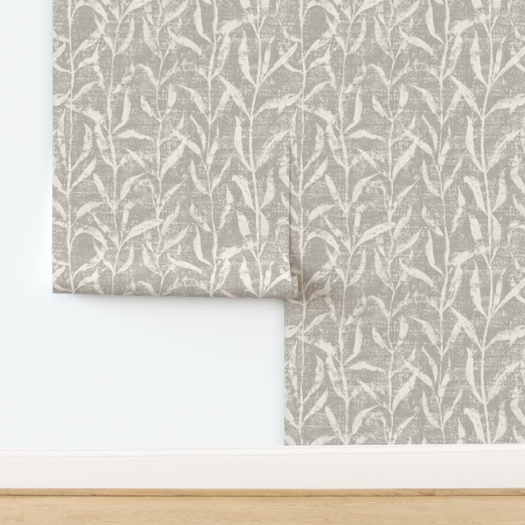 Peel & Stick Wallpaper 9ft x 2ft - Farmhouse Leaves Gray Cream Vines Nature Neutral Custom Removable Wallpaper by Spoonflower