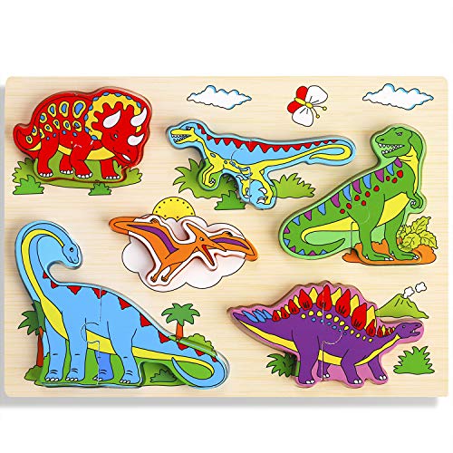 Wooden Jigsaw Puzzles for Kids Age 1 2 3 4 5 Year Old 6 Piece Dinosaurs Colorful Wooden Puzzles for Toddler Children Learning Educational Puzzles Toys for Boys and Girls