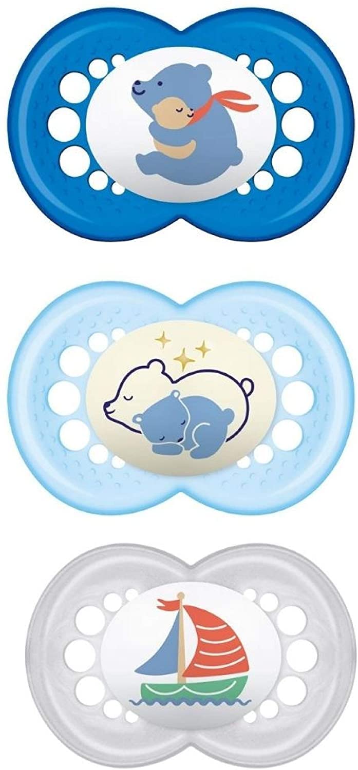 MAMSet of 3 Silicone Dummies (2 MAM Original & 1 MAM Night), 18+ Months, Blue, Anatomical Dummy Set That Conforms to The Shape of Your Mouth, Made of MAM SkinSoft Silicone That is Soft as The Skin