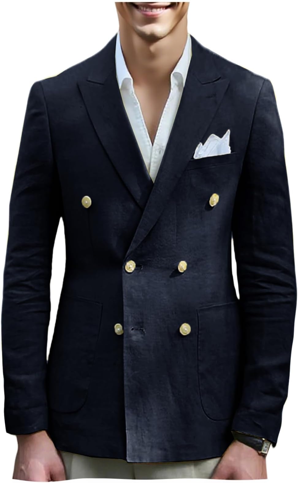 VENNYNG Men's Linen Blend Casual Blazer Double Breasted Suit Jacket Lightweight Sport Coat Tailored Fit Six-Buttons