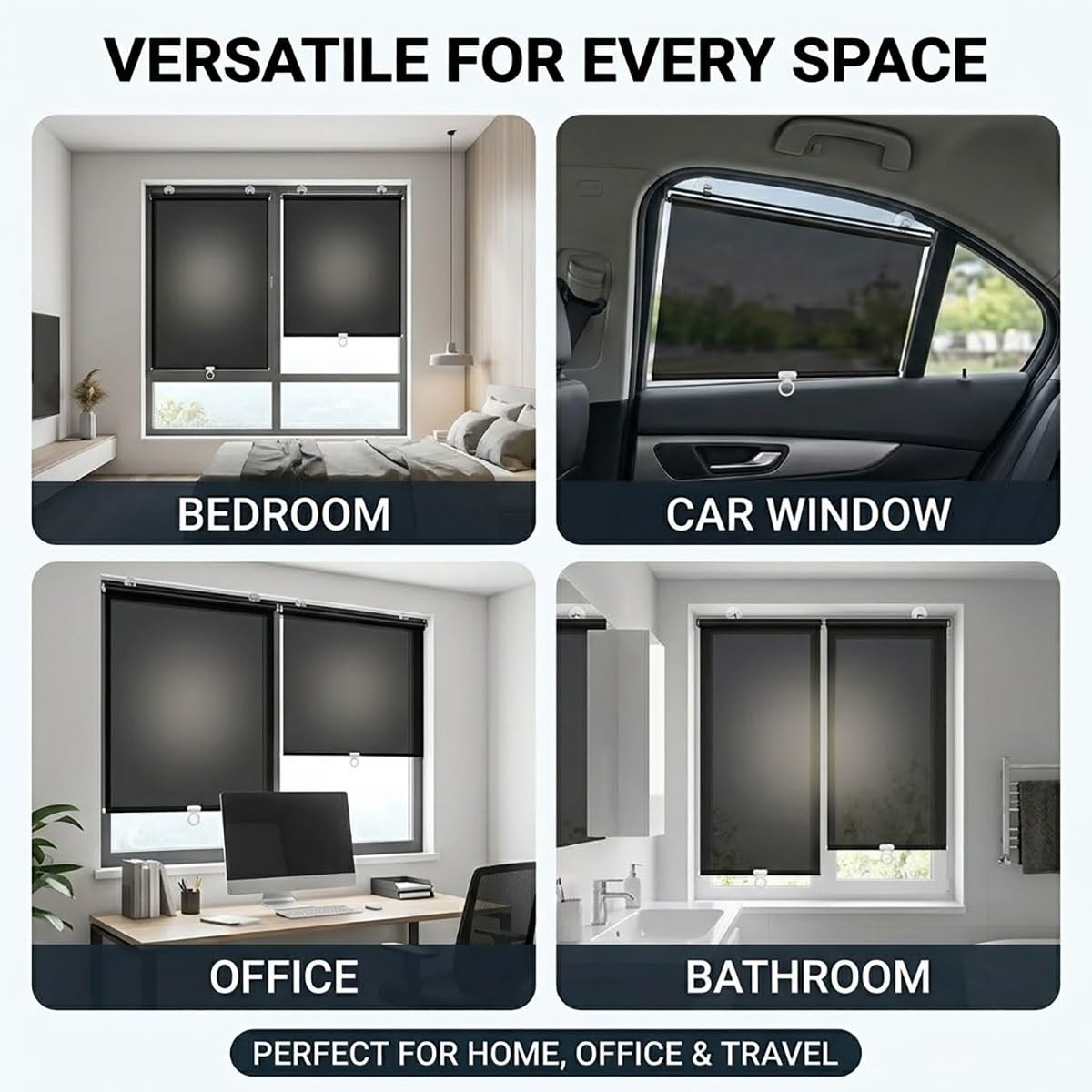 Stores occultants à ventouses, Store Enrouleur sans Perçage pour Fenetre | Rideau Occultant Thermique, temporaire, protection UV, Rideaux d'intimité, pour bureau chambre(Noir,W55 x H200cm)