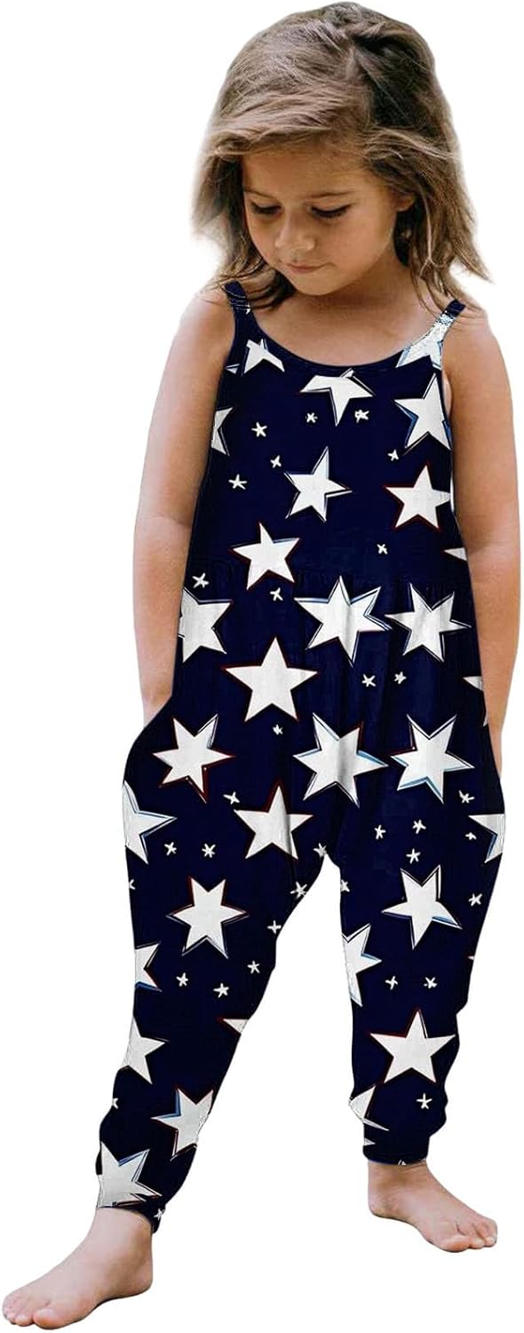 Girls Independence Day Clothing Baggy Spaghetti Straps Overalls with Pockets July 4th Cute Star Print Jumpsuit