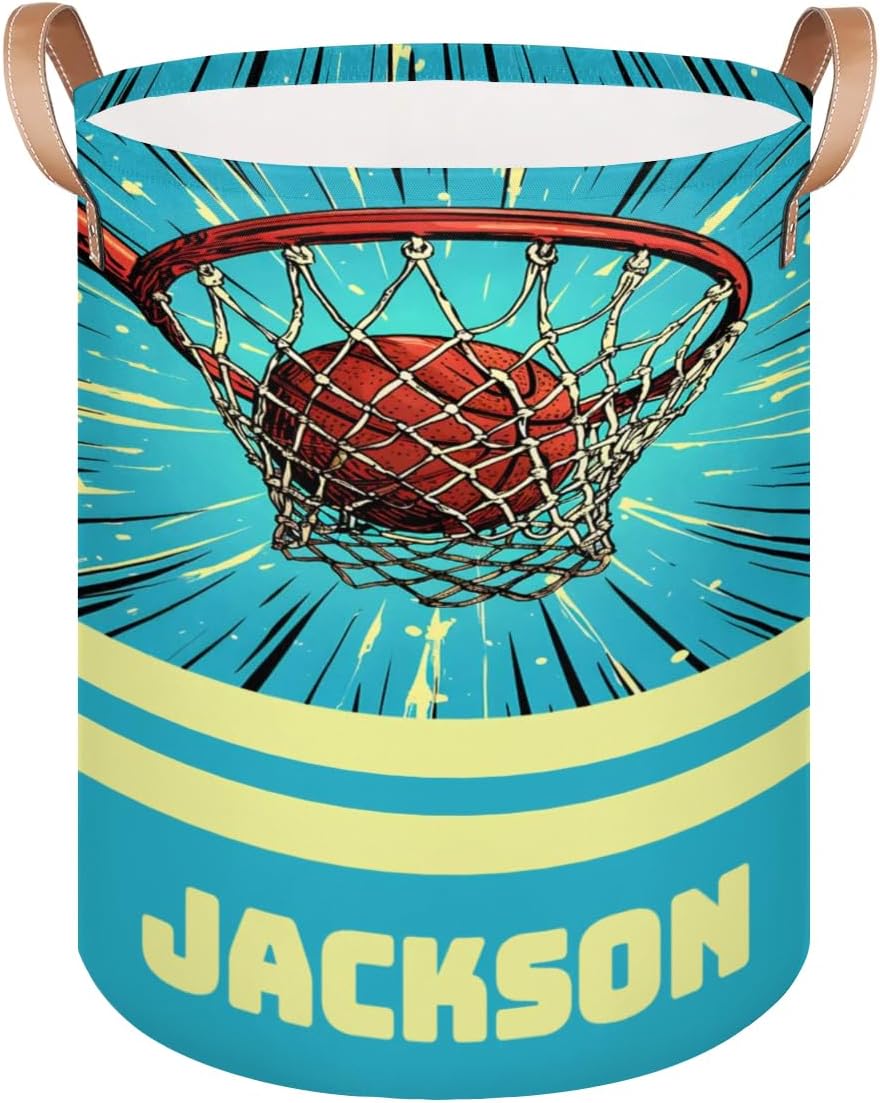 Custom Laundry Basket with Name, Personalized Baby Laundry Hamper for Bedroom Bathroom, Round Storage Basket with Handle for Men Women Basketball Hoop