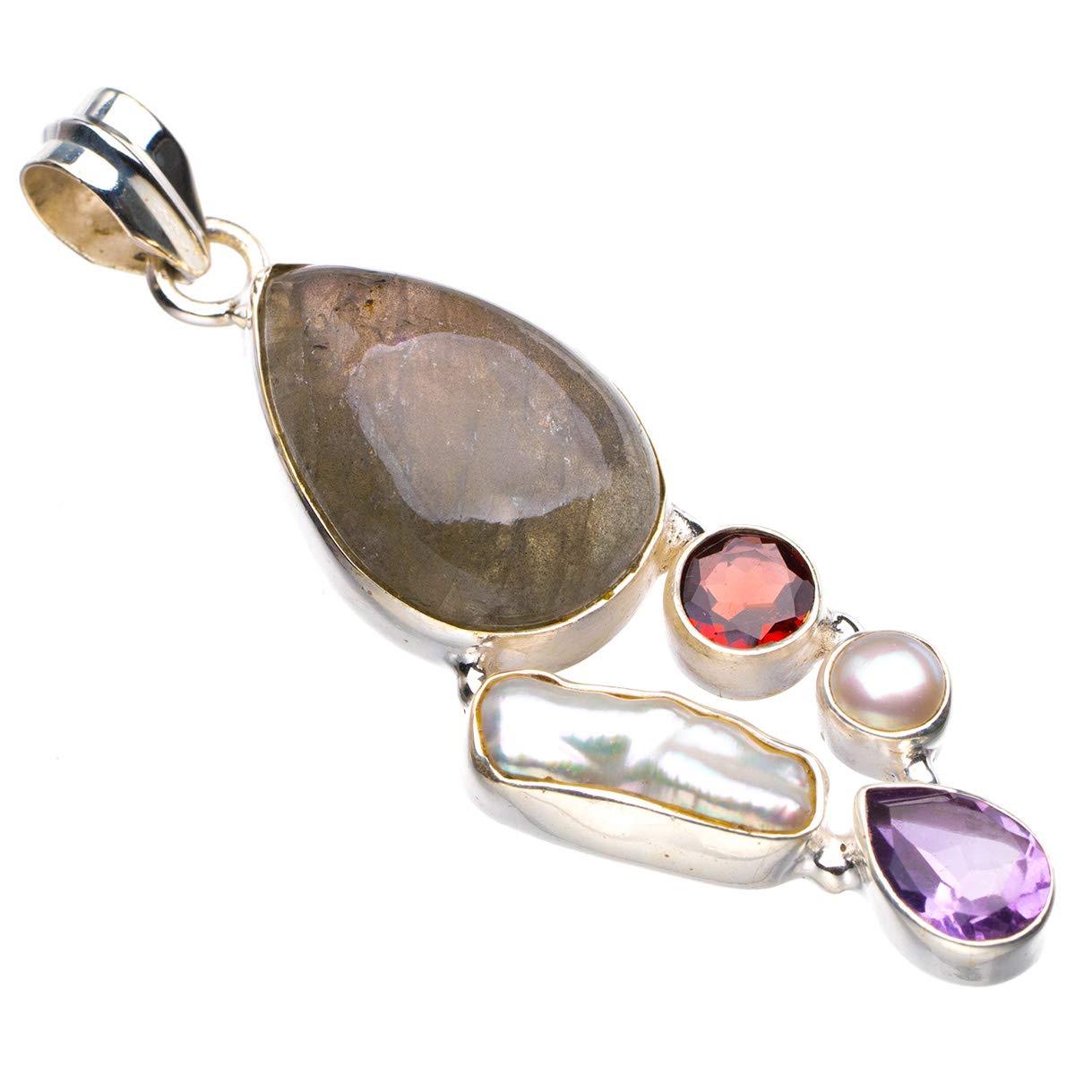 Pendentif labradorite feu bleu grenat am&eacute;thyste perle argent 925 - 7