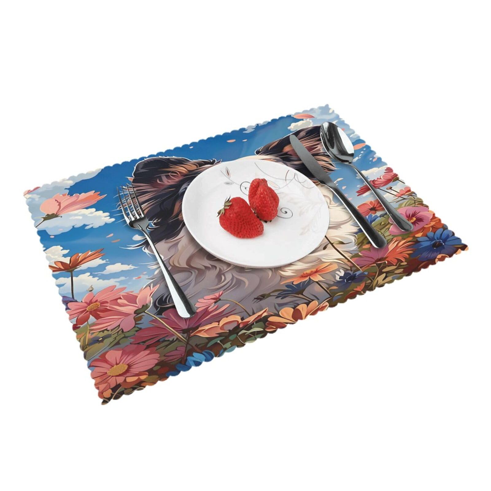 Border Collie Floral Dog Sky (2) Placemats Set of 4 Print Table Mats Place Mats Table Decor for Kitchen Dining 12X18 in