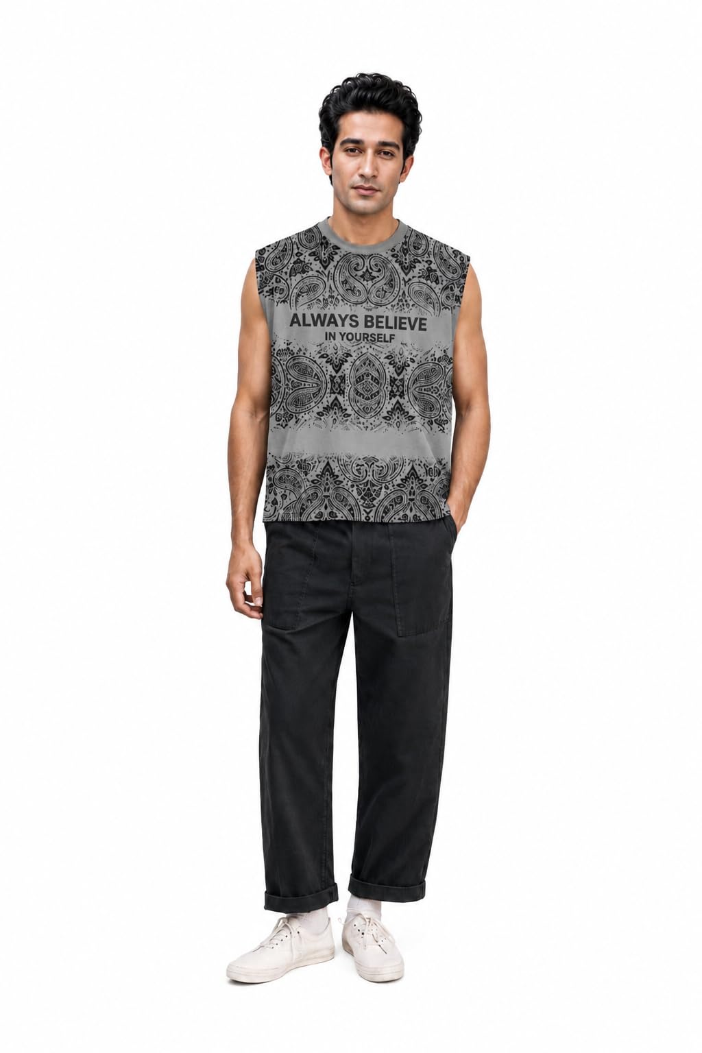 GRSTYLESTREET Men's Sleeveless Vest, Grey Paisley Print-picture-33