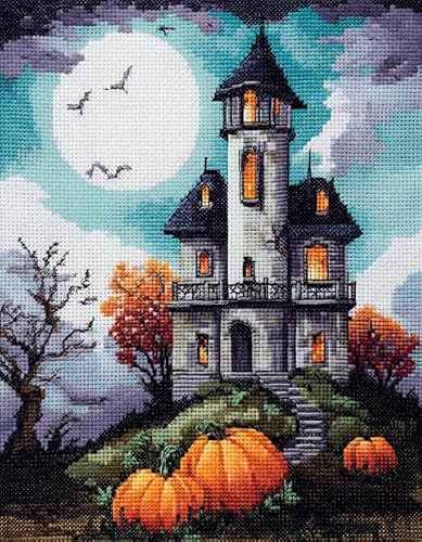 XFENDOUDOU 11CT Stamped Cross Stitch Kits for Adults Beginners DIY Pre-Printed Embroidery Needlework Kit 50x70cm Pumpkin Castle with Home Wall Decor
