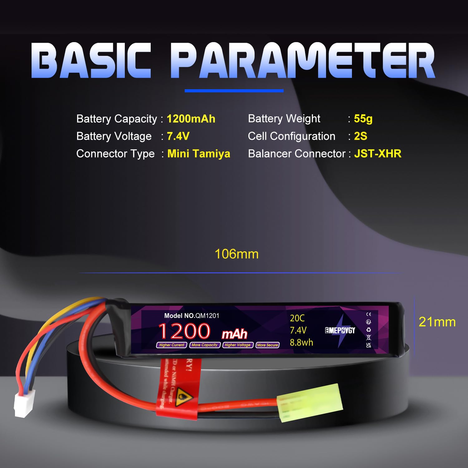 Lipo 2096 - Batteria ricaricabile ai polimeri di litio da 7,4 V, 1200 mAh, 20 C, con mini spina TMY per fucili da softair
