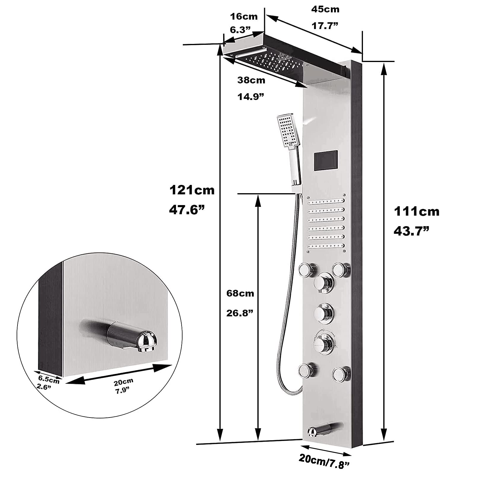 LED Colonna Doccia Idromassaggio Pannello Doccia Set in 304 Acciaio Inox con Miscelatore da Massaggi, Soffione Fisso, Doccetta e Bocca Vasca 5 Funzioni per Bagno