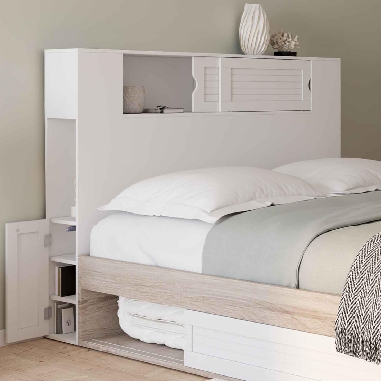 IDMarket - Tête de lit sur Pied Salem 145 cm avec rangements fermés et niches Blanc