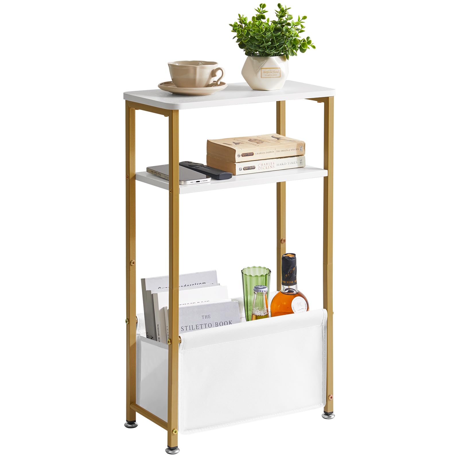 Aibiju Narrow Side Table, Slim Side Table with Storage Fabric Basket, Bedside Table for Small Space, 40x20x66cm, Small Nightstand for Living Room, White YD-ST002J