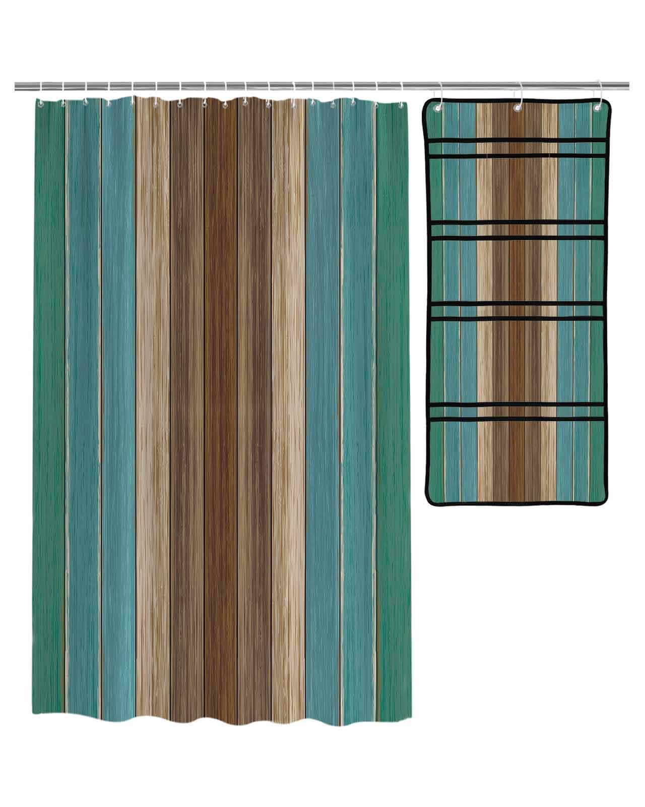 Decorative Shower Curtain Sets Wood Grain Green Polyester Fabric Waterproof Bath Shower Curtains Vintage Blue Green Wood Grain