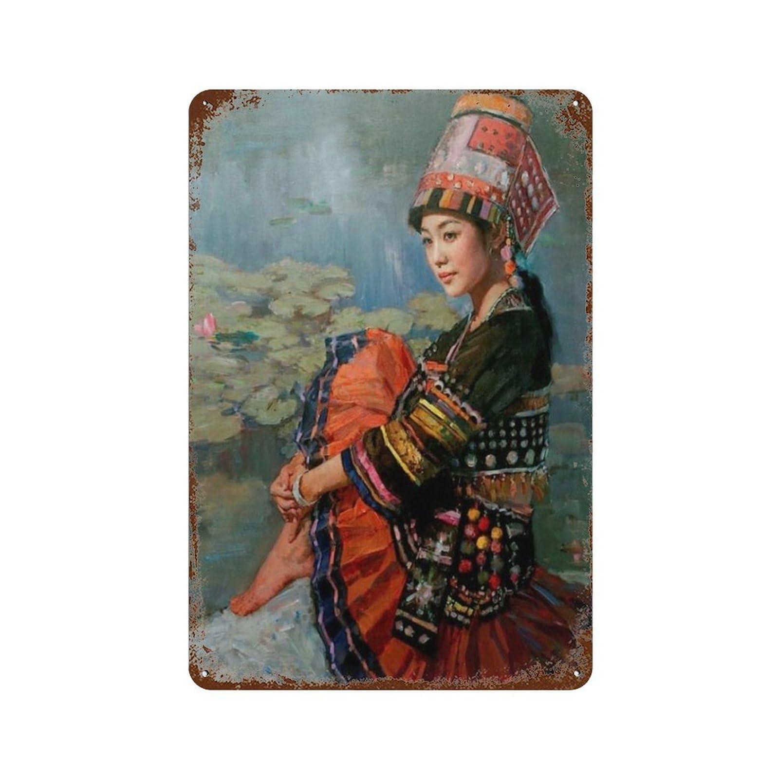 xiaoxiaoshen Hmong Girl Asian Beautiful Girl Wall Decor Art Metal Tin Poster Modern Home Decor Art Home Bar Shop Decorations Vintage Sign 30x20cm