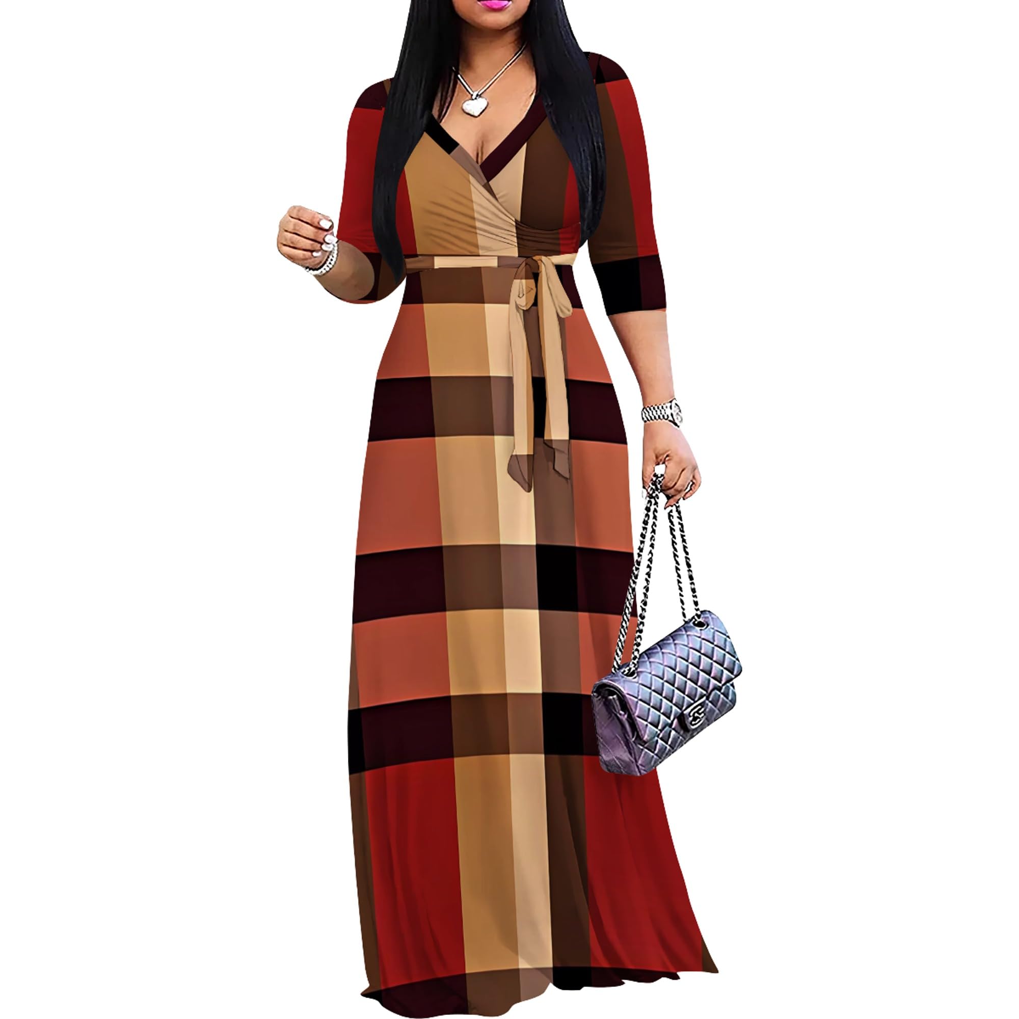 Women's Casual 3/4 Sleeve Plus Size Dress Long Maxi Dress V Neck Cocktail Party Beach Sundress Flowy with Belt Empire Waist