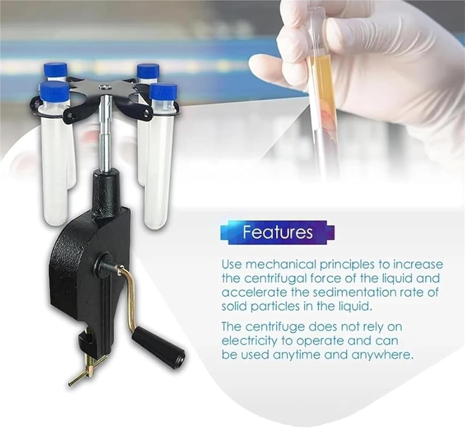 Hand Crank Centrifuge Machine, 1800 RPM Manual Centrifugal Precipitator with 4 x 15ml Tubes, Table-Mountable for Science Experiments and Teaching