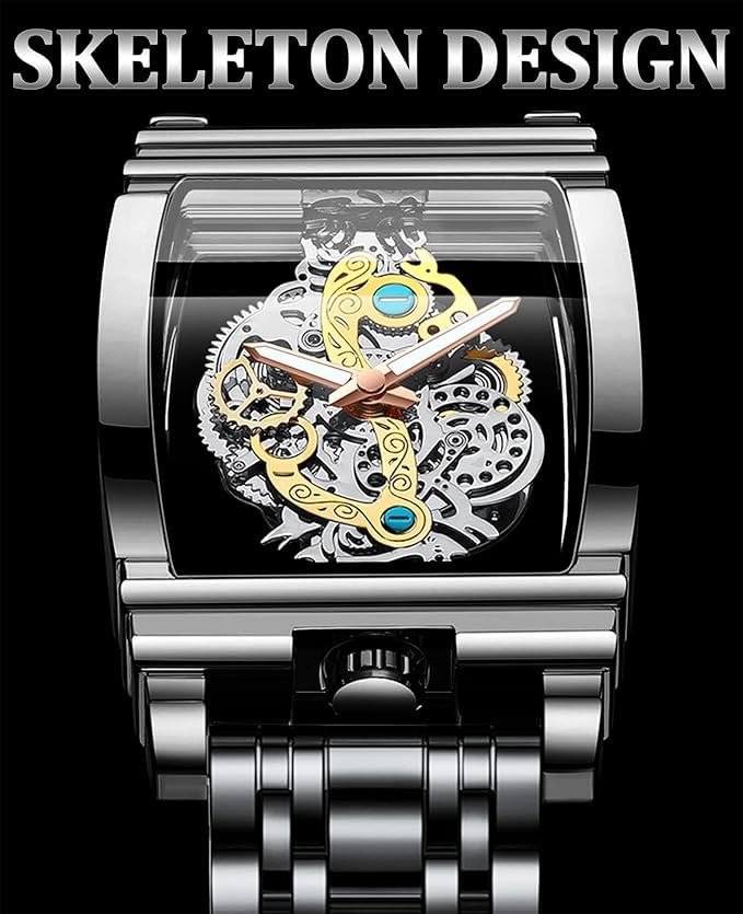 Image of Rick Men's Luxury Hollow Skeleton Watch Retro Gorgeous Gear Carving Design Rectangle Tonneau Large Dial Stainless Steel Band Quartz Wristwatch Not Mechanical Watches