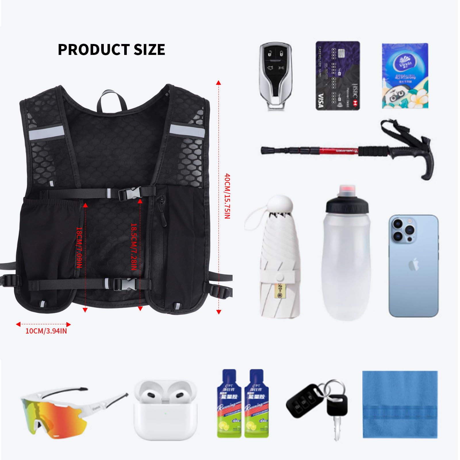 Damen und Herren Laufweste mit 500ml Wasserflasche, Verstellbarer Reflektierender Trinkrucksack Weste, Ultraleicht Laufweste Rucksack für Radfahren, Trails, Marathons, Läufe