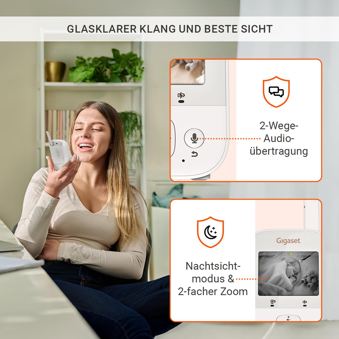 Gigaset Baby 300 Video – Video-Babyphone mit Zwei-Wege-Audio – sichere FHSS Technologie - 2,8“ LCD-Bildschirm - Lange Akkulaufzeit–Nachtlicht-Temperatursensor, Cream White/Warm Grey [Deutsche Version]