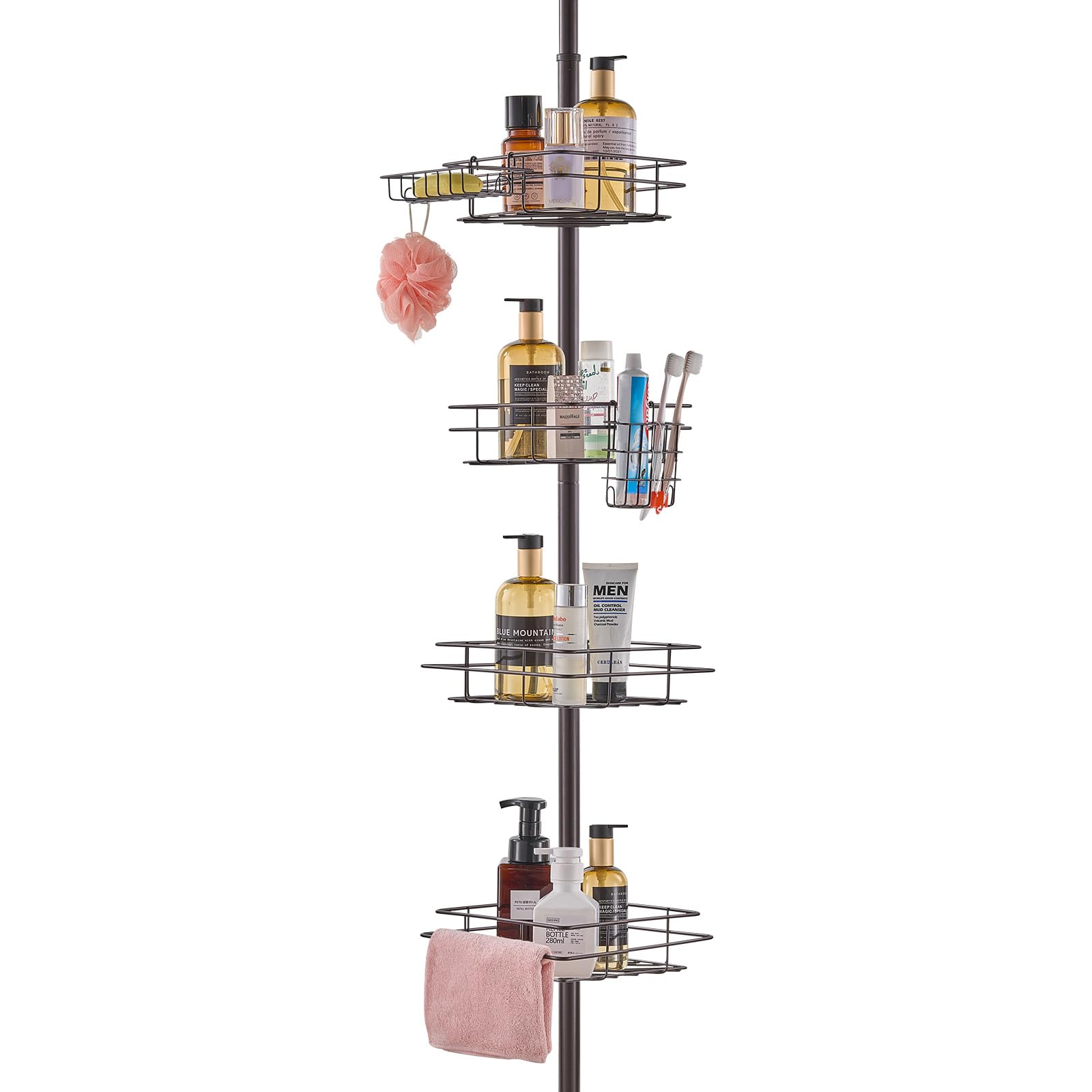 VEVOR Shower Corner Caddy Tension Pole 42 to 114 High Multi-Functional Shower Tension Pole with Strong Load-Bearing Tray