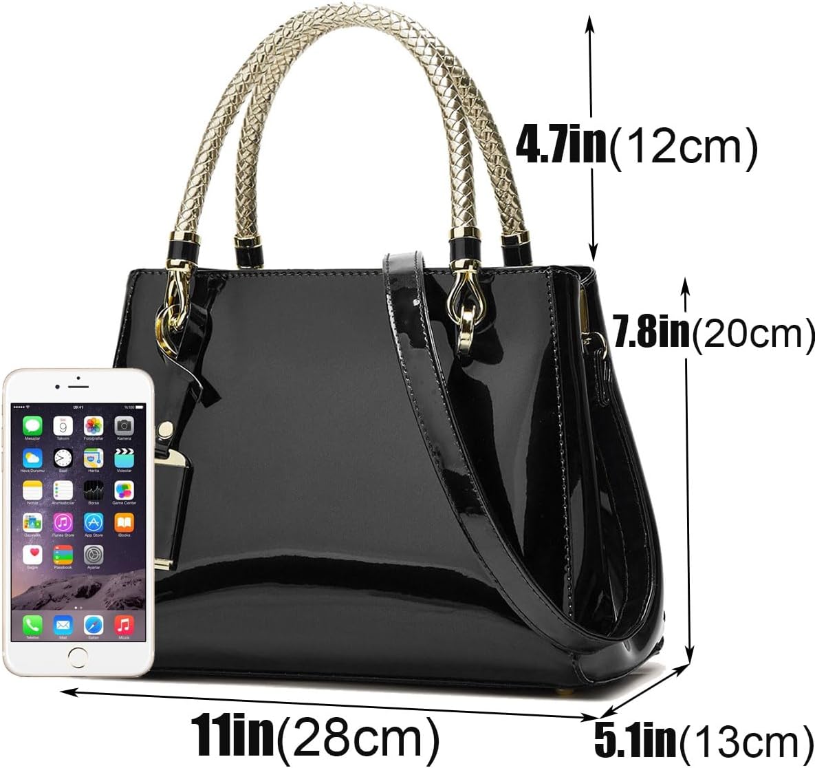 XingChen Glossy Women Handbag Shiny Patent Leather Top-Handle Bag Medium Shoulder Bag Tote Evening Purse Party Satchel - Image 4
