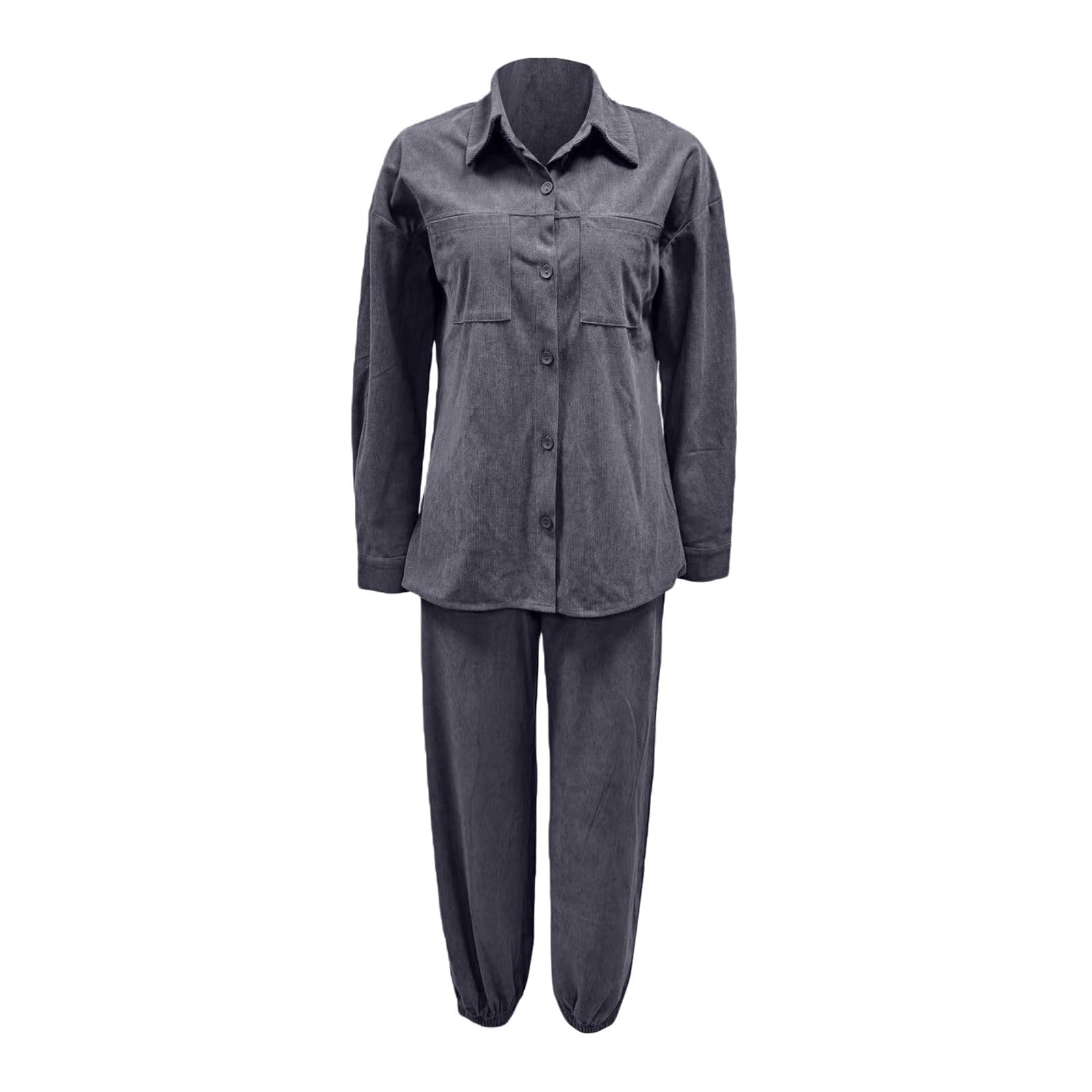 Completo da donna con camicia con risvolto e pantaloni in velluto a coste retrò taglie forti