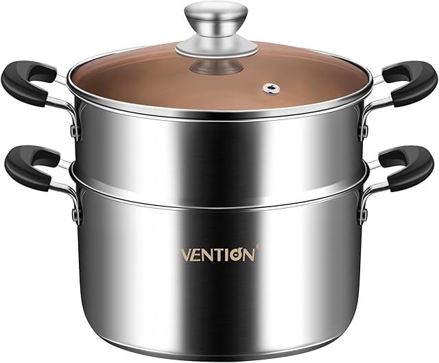 VENTION 2 Tier Steamer Cooking, Food Steamer 18cm, Vegetable Steamer Induction, Stainless Steel Steamer Pan, Capsule Bottom