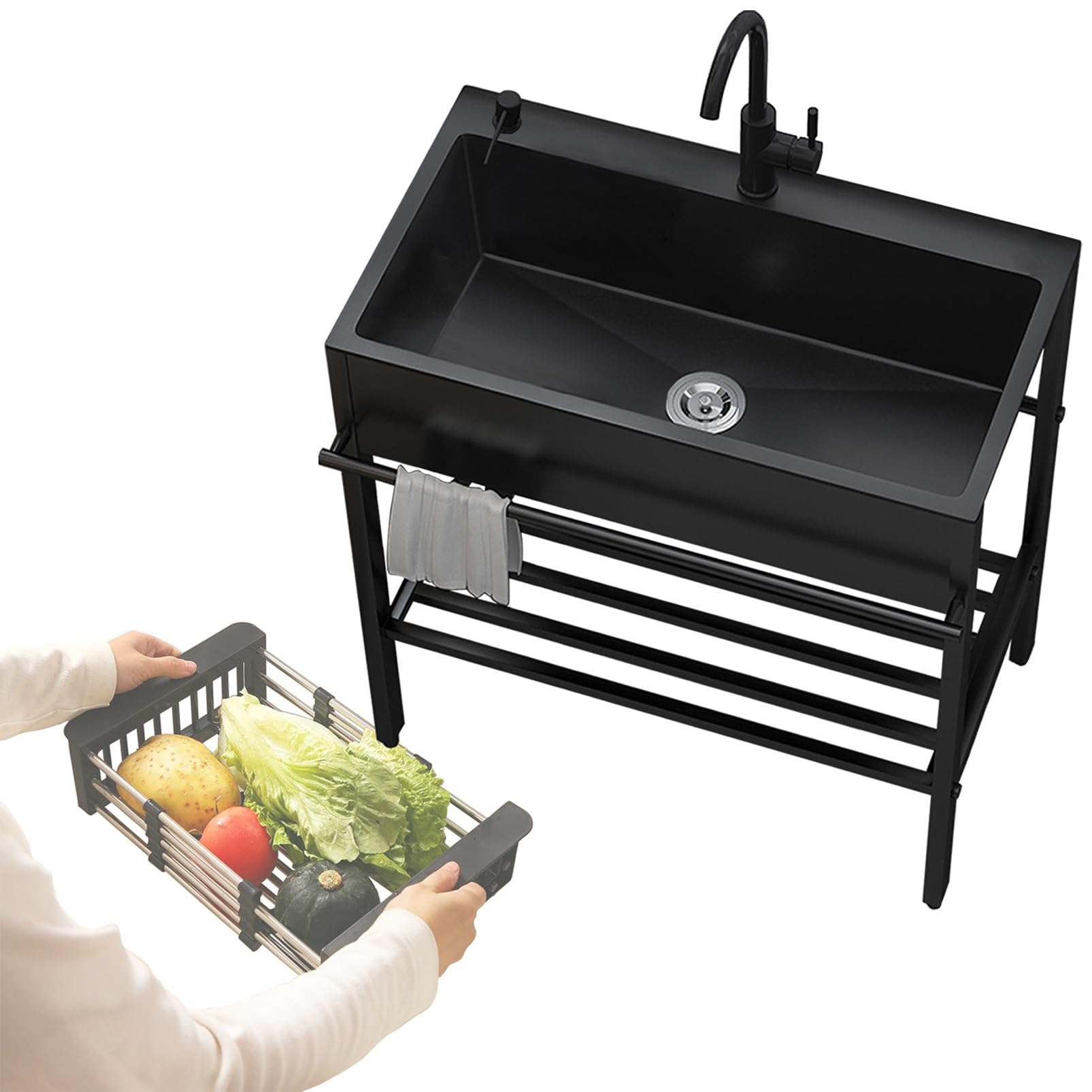 Spülbecken Edelstahl Garten Waschbecken, Freistehender Praktische Spüle 60 68 80×45×86cm Küchen Spülenset Mit Hahn, Ablaufkorb - Einfach Zu Säubern Große Spüle Schwarz Für Drinnen, Draußen